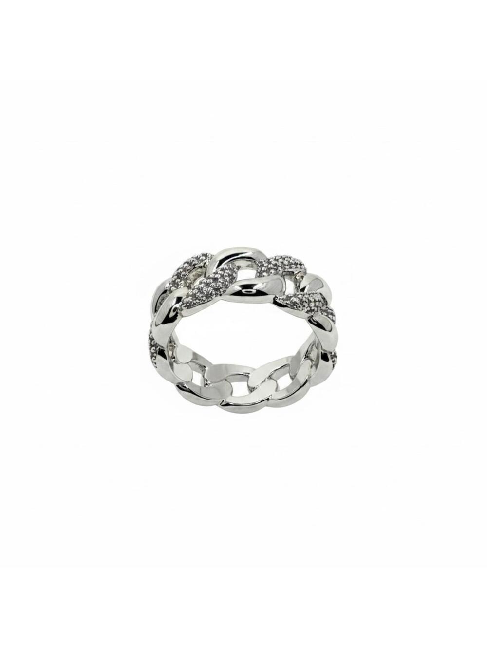 Bomb Party Rhodium Plated Chain Link Ring w/ Aquamarine Cubic Zirconia SZ 9
